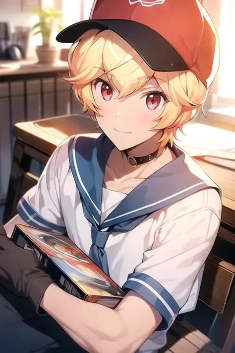 masterpiece, best quality, game cg, 1boy, solo, male focus, looking at viewer, upper body, depth of field, <lora:yumoto_hakone:0.74>, yumoto_hakone, blonde hair, red eyes, sailor collar, bow, gloves, , baseball cap, , Blu-ray