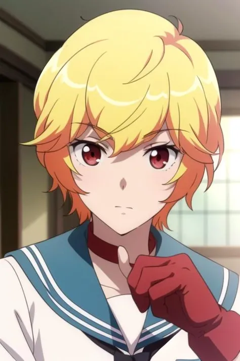 masterpiece, best quality, sketch, 1boy, solo, male focus, looking at viewer, , depth of field, <lora:yumoto_hakone:0.68>, yumoto_hakone, blonde hair, red eyes, sailor collar, bow, gloves
