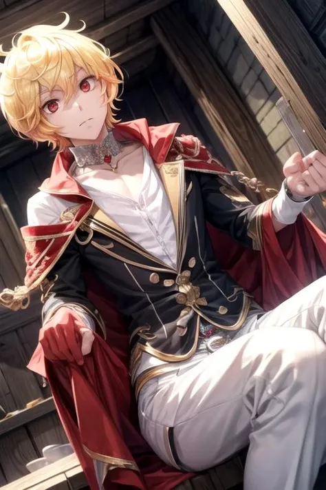 masterpiece, best quality, wallpaper, 1boy, solo, male focus, looking at viewer, , depth of field, <lora:yumoto_hakone:0.68>, yumoto_hakone, blonde hair, red eyes, , zombie costume, fairytale,