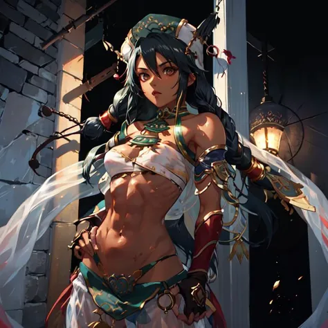 <lora:soulcalibur_talim-10>, talim, dark skin, hat, arabian clothes, see-through, bandeau, jewelry, abs, small breasts