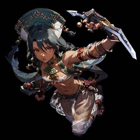 <lora:soulcalibur_talim-10>, talim, dark skin, hat, arabian clothes, see-through, bandeau, jewelry, abs, small breasts, from above, desert castle background, foreshortening, serious look, intense look, holding, holding_weapon, holding_knife, knife