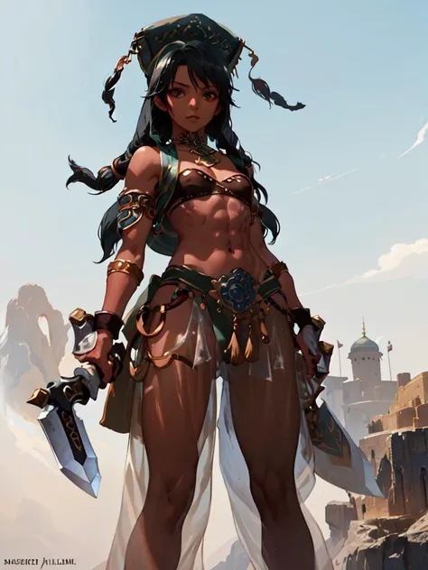 <lora:soulcalibur_talim-10>, talim, dark skin, hat, arabian clothes, see-through, bandeau, jewelry, abs, small breasts, from below, (desert castle background:1.2), foreshortening, serious look, intense look, holding, holding_weapon, holding_knife, knife