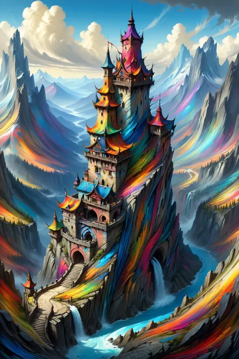 colorful mad-exp landscape, high_fantasy, mountain, mage_tower, crooked_structure, intricate_design, artist:john_howe, artist:hiro_ichi, color_palette:natural_mattes, tower_colorful, vibrant, magical, architecture_elaborate, enchantments, arcane_symbols, mystical_atmosphere, lighting_dramatic <lora:Colorful_Expressionism_SDXL:1.2>, (masterpiece:1.2), best quality, (hyperdetailed, highest detailed:1.2), high resolution textures