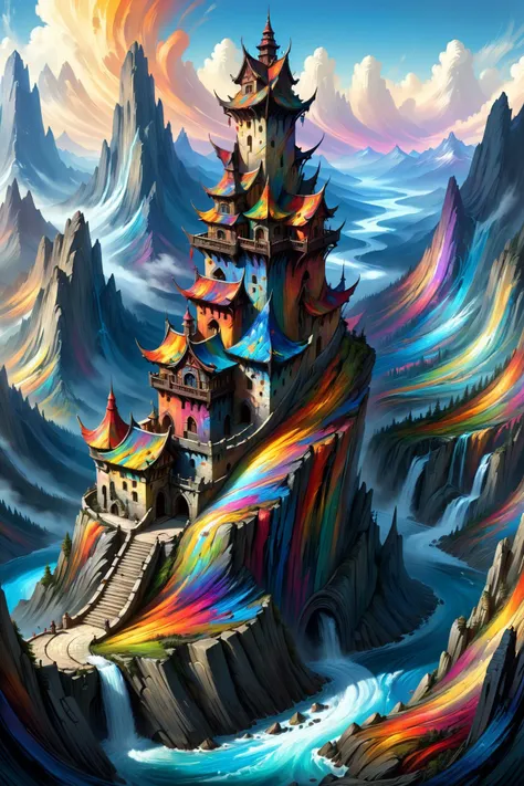 colorful mad-exp landscape, high_fantasy, mountain, mage_tower, crooked_structure, intricate_design, artist:john_howe, artist:hiro_ichi, color_palette:natural_mattes, tower_colorful, vibrant, magical, architecture_elaborate, enchantments, arcane_symbols, mystical_atmosphere, lighting_dramatic <lora:Colorful_Expressionism_SDXL:1.2>, (masterpiece:1.2), best quality, (hyperdetailed, highest detailed:1.2), high resolution textures