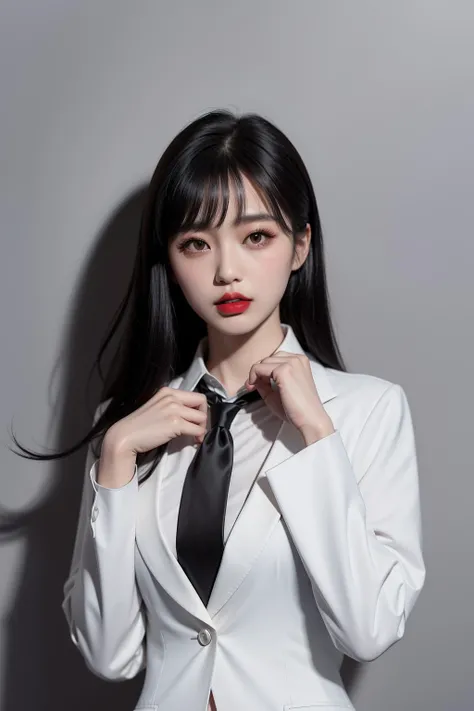 yushuxin, 1girl, solo, necktie, long hair, looking at viewer, black hair, red lips, black necktie, formal, suit, shirt, realistic, white shirt, hands up, bangs, upper body, grey background, simple background, black eyes, jacket, collared shirt, lipstick, traditional media