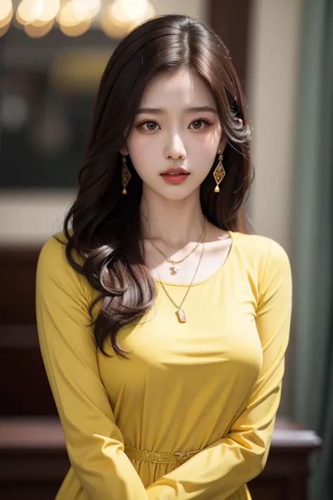 yushuxin, 1girl, solo, jewelry, earrings, long hair, realistic, brown hair, blurry background, looking at viewer, yellow shirt, blurry, own hands together, necklace, yellow dress, lips, long sleeves, hair between eyes, upper body