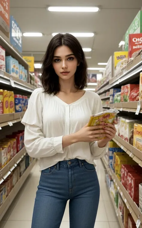 (style of [Jovana Rikalo|Lara Jade|Bella Kotak|Oleg Oprisco]:1.4), (Layered Depth, Parallax Effect, Soft focus foreground, Painted Scenery:1.3), [[[dynamic pose]]], frame-filling composition, solo-focus, (style of Vivian Maier), a lone woman in a [modern:urban:0.7] supermarket aisle, reaching for a box of cereal, her gaze catching the viewer from the corner of her eye, embodying a candid, yet profound connection. She stands in simple, chic everyday attire: a crisp, white cotton blouse subtly tucked into high-rise, straight-leg jeans, complementing her slender silhouette. Her dark hair cascades in soft waves, framing her thoughtful expression. The scene is highlighted by the supermarket's polished, reflective floor, casting a mirror-like effect that adds depth and dimension. Around her, the shelves are meticulously arranged, showcasing an array of colorful products that blur into the background, drawing the focus solely on her and the moment of decision. The lighting is soft yet ample, casting gentle shadows and enhancing the textures of her clothes and the immediate surroundings. Her pose is natural, one hand lightly resting on the shelf edge, the other extending towards the cereal box, a depiction of everyday elegance and grace amidst the ordinariness of daily chores.