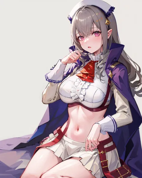 <lora:SophiaKerenV1:1>,1girl,solo,large breasts,sophia keren,sitting,cape,navel,
