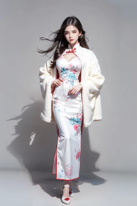 1girl,full body,solo,cleavage,fox fur coat,(white cheongsam:1.1),(simple background:1.4),