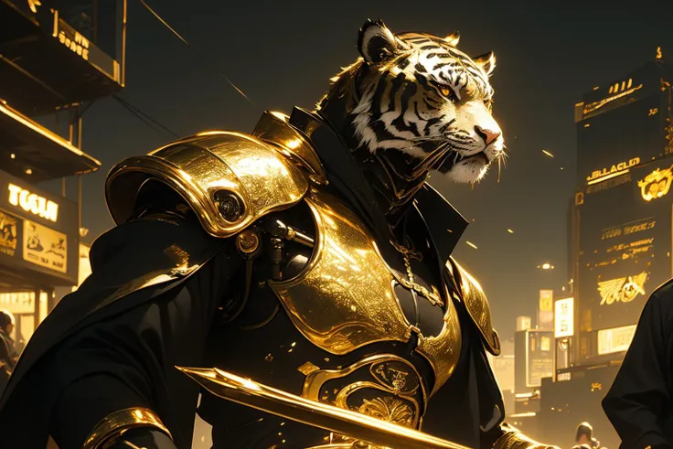 (Tiger_head:1.3),roar,male_humen_body,(cyberpunk_scenery_background:1.2),mecha,(gold | black theme:1.5)night,carrying a samurai sword,cloak,