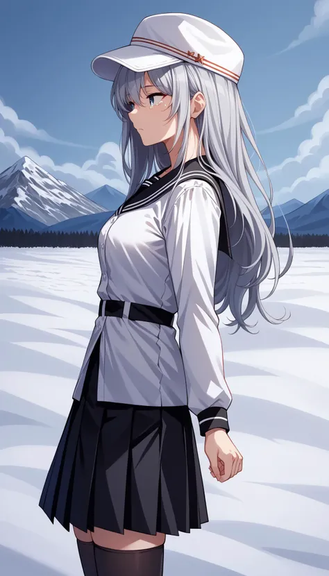 score_9, score_8_up, score_7_up, source_anime, game cg, <lora:verniy:1>verniyKC, long hair,grey hair, skirt, long sleeves, hat,serafuku, black thighhighs, black skirt, white headwear, black sailor collar, flat cap,untucked shirts,sailor shirt,pleated skirt, looking at far away,tears,snow field, mountain range,from side,expressionless, <lora:light_sharp_style_magin3.1:1>