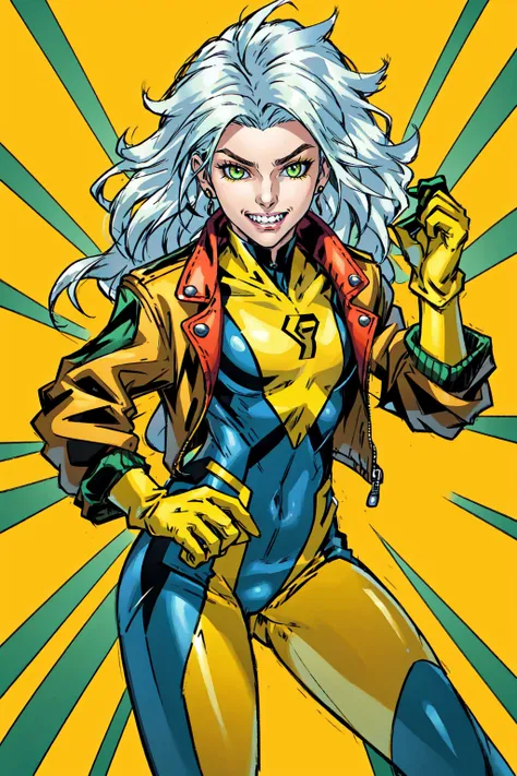 Ringo! Style, 1girl, solo, long hair, gloves, green eyes, jacket, white hair, teeth, bodysuit, clenched teeth, clenched hands, yellow gloves, leather jacket, yellow bodysuit<lora:MikeWieringo:0.8>