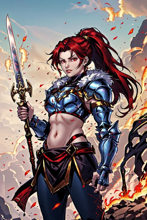 Ringo! Style, 1girl, armor, bikini armor, black hair, fire, full armor, fur trim, gauntlets, glowing, glowing eyes, greaves, helmet, holding, holding weapon, long hair, medium breasts, multiple others, navel, outdoors, pauldrons, planted, polearm, ponytail, red eyes, red hair, shoulder armor, sky, solo focus, spear, sword, vambraces, very long hair, weapon <lora:MikeWieringo:0.8>