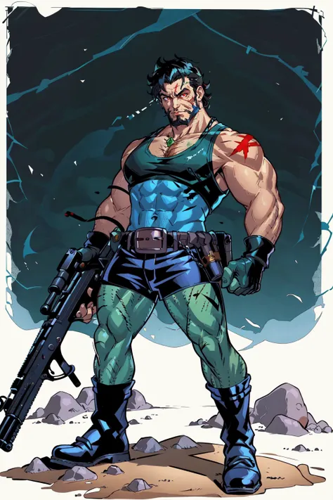 <lora:MikeWieringo:0.8> Ringo! Style, Ringo! Style, 1girl, black hair, red eyes, gloves, 1boy, weapon, boots, fingerless gloves, gun, blood, muscular, colored skin, facial hair, chain, scar, tank top, beard, skull, blue skin, retro artstyle, green skin, chest hair, zombie