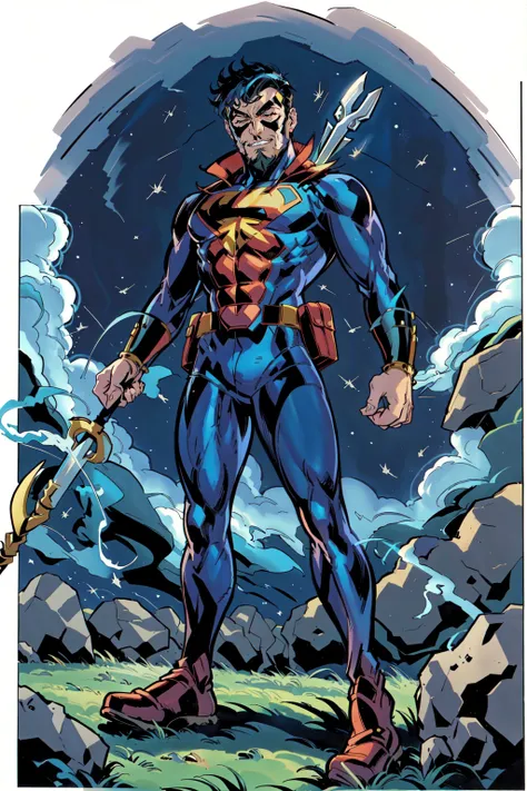 <lora:MikeWieringo:0.8>1girl, beard, bodysuit, clenched teeth, closed eyes, grass, left-to-right manga, mask, multiple boys, night sky, retro artstyle, ringo! style, rock, shoes, smoke, spear, superhero