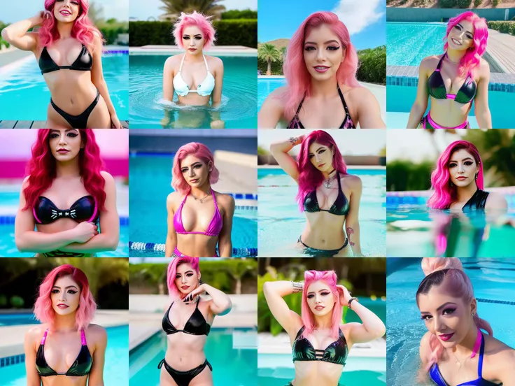 Chrissy Costanza a woman with pink hairs sit on a swimming pool, black bikini, smile, full body, total body, centered in the image, best quality, detailed beautiful face, extremely detailed, long hair, best quality <lora:Chrissy Costanza:1>
