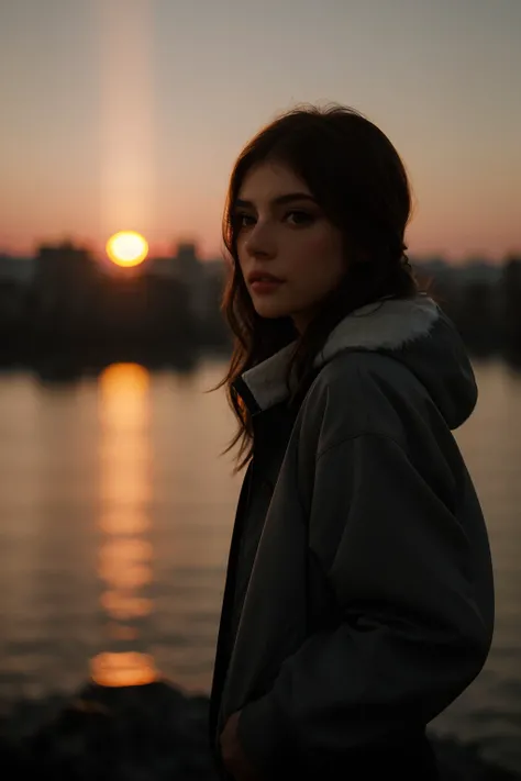 full body film photo of woman in winter setting wearing jacket, wide angle, bokeh, cinematic, sunset epiCRealism chrissy costanza  <lora:Chrissy Costanza:1>  <lora:DetailedEyes_V3:1>