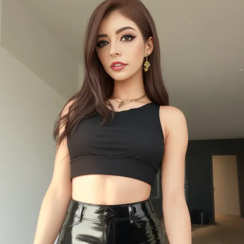 Chrissy Costanza a woman in a black top and leather pants masterpiece, best quality looking at viewer, detailed beautiful face, extremely detailed, brown hair, long hair, best quality <lora:Chrissy Costanza:1>