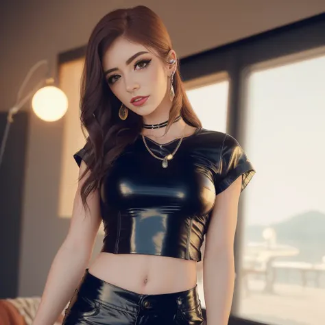 Chrissy Costanza a woman in a black top and leather pants masterpiece, best quality looking at viewer, detailed beautiful face,  extremely detailed, brown hair, long hair, best quality <lora:Chrissy Costanza:1>