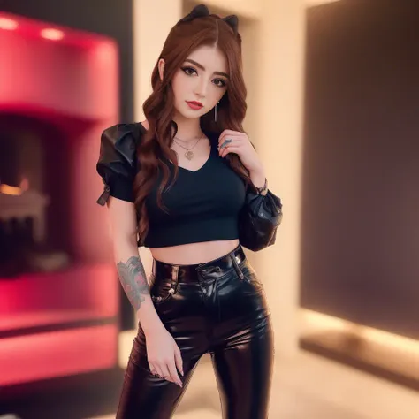 Chrissy Costanza a woman in a black top and leather pants masterpiece, best quality looking at viewer, detailed beautiful face,  extremely detailed, brown hair, long hair, best quality <lora:Chrissy Costanza:1>
