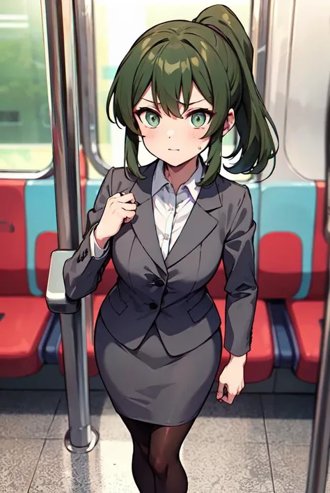 masterpiece, best quality, ultra detailed, highres, <lora:Igarashi_Futaba:0.7> aafutaba,medium hair,ponytail,business suit,office lady,collared shirt,grey jacket,grey skirt,pencil skirt,pantyhose,shoes, harassed in the subway-train, standing in front, <lora:spiralwashv2_1544:1>