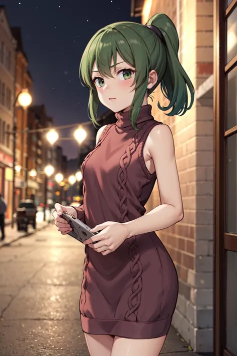 masterpiece,best quality,highres,aafutaba,medium hair,ponytail,<lora:Igarashi_Futaba:0.7>,night,street,standing,sweater dress,turtleneck,sleeveless,
