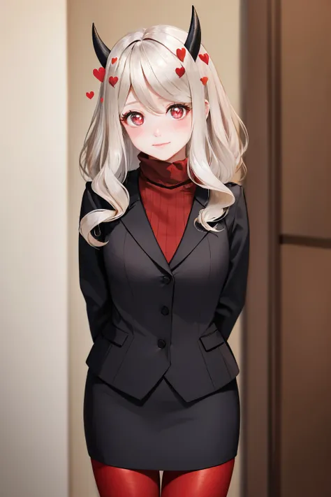(masterpiece, best quality:1.2), cowboy shot, solo, 1girl, htmodeus, blush, slight smile, looking at viewer, arms behind back, heart-shaped pupils, formal, black jacket, red sweater, turtleneck, sleeves past wrists, black skirt, red pantyhose <lora:helltaker_modeus:1.0>