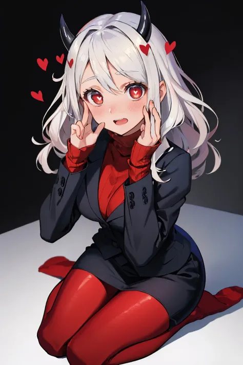 (masterpiece, best quality:1.2), solo, 1girl, htmodeus, blush, open mouth, looking at viewer, hands on own face, heart-shaped pupils, formal, black jacket, red sweater, turtleneck, sleeves past wrists, black skirt, red pantyhose <lora:helltaker_modeus:1.0>