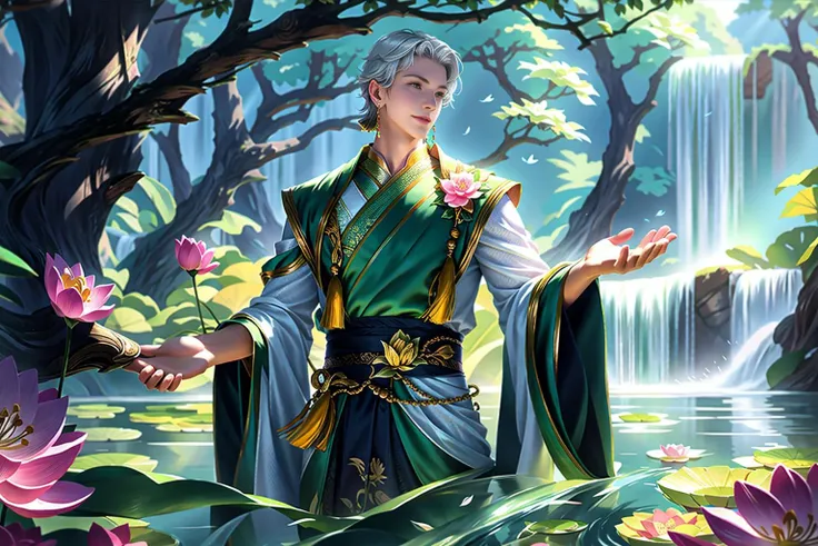 Game illustration, male focus, 1boy, lotus, water, flower, jewelry, lily pad, solo, earrings, pink flower, looking at viewer, forehead mark, short hair, tassel, smile, white hair, chinese clothes, outstretched hand, grey hair, outdoors, long sleeves, facial mark, waterfall, closed mouth, standing, gem, holding, bangs, green eyes, tree
(Masterpiece: 1,2), best quality, masterpiece, high definition, original, extremely detailed wallpaper, soft light <lora:CG illustration-000008:1>