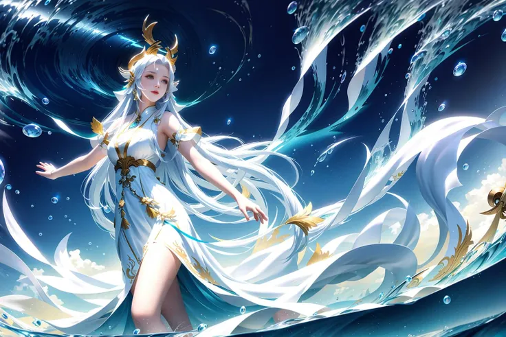 Game illustration, 1girl, long hair, dress, water, white hair, white dress, solo, hair ornament, sky, horns
(Masterpiece: 1,2), best quality, masterpiece, high definition, original, extremely detailed wallpaper, soft light <lora:CG illustration-000008:1>
