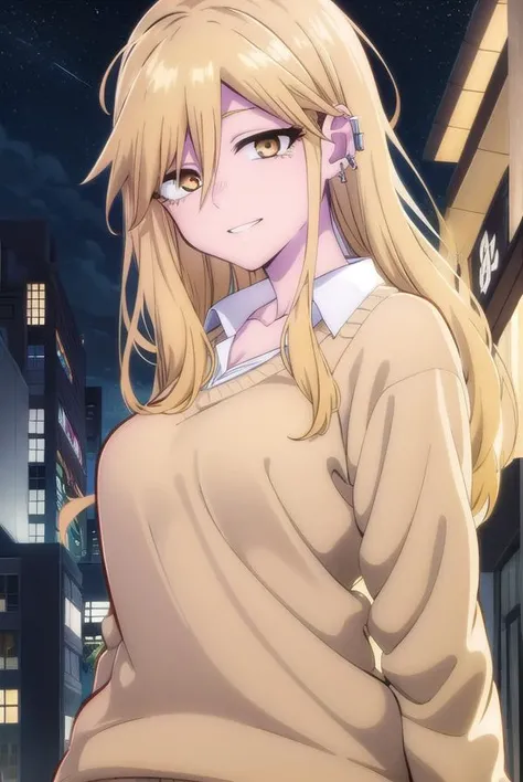 serikikyou, <lora:seri kikyou s1-lora-nochekaiser:1>,
seri kikyou, long hair, blonde hair, hair between eyes, (yellow eyes:1.3), grin,
BREAK skirt, shirt, long sleeves, jewelry, school uniform, white shirt, pleated skirt, earrings, collared shirt, black skirt, sweater, piercing, ear piercing, gyaru, brown sweater,
BREAK outdoors, city, night sky, night, moon, star \(sky\),
BREAK looking at viewer,
BREAK <lyco:GoodHands-beta2:1>, (masterpiece:1.2), best quality, high resolution, unity 8k wallpaper, (illustration:0.8), (beautiful detailed eyes:1.6), extremely detailed face, perfect lighting, extremely detailed CG, (perfect hands, perfect anatomy),