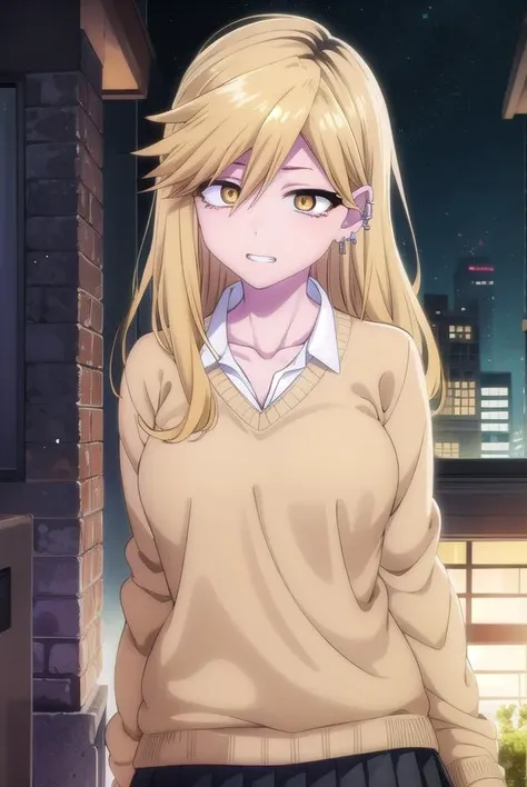 serikikyou, <lora:seri kikyou s1-lora-nochekaiser:1>,
seri kikyou, long hair, blonde hair, hair between eyes, (yellow eyes:1.3), grin,
BREAK skirt, shirt, long sleeves, jewelry, school uniform, white shirt, pleated skirt, earrings, collared shirt, black skirt, sweater, piercing, ear piercing, gyaru, brown sweater,
BREAK outdoors, city, night sky, night, moon, star \(sky\),
BREAK looking at viewer,
BREAK <lyco:GoodHands-beta2:1>, (masterpiece:1.2), best quality, high resolution, unity 8k wallpaper, (illustration:0.8), (beautiful detailed eyes:1.6), extremely detailed face, perfect lighting, extremely detailed CG, (perfect hands, perfect anatomy),
