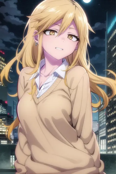 serikikyou, <lora:seri kikyou s1-lora-nochekaiser:1>,
seri kikyou, long hair, blonde hair, hair between eyes, (yellow eyes:1.3), grin,
BREAK skirt, shirt, long sleeves, jewelry, school uniform, white shirt, pleated skirt, earrings, collared shirt, black skirt, sweater, piercing, ear piercing, gyaru, brown sweater,
BREAK outdoors, city, night sky, night, moon, star \(sky\),
BREAK looking at viewer,
BREAK <lyco:GoodHands-beta2:1>, (masterpiece:1.2), best quality, high resolution, unity 8k wallpaper, (illustration:0.8), (beautiful detailed eyes:1.6), extremely detailed face, perfect lighting, extremely detailed CG, (perfect hands, perfect anatomy),