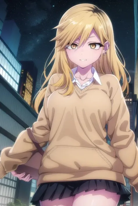 serikikyou, <lora:seri kikyou s1-lora-nochekaiser:1>,
seri kikyou, long hair, blonde hair, hair between eyes, (yellow eyes:1.3), grin,
BREAK skirt, shirt, long sleeves, jewelry, school uniform, white shirt, pleated skirt, earrings, collared shirt, black skirt, sweater, piercing, ear piercing, gyaru, brown sweater,
BREAK outdoors, city, night sky, night, moon, star \(sky\),
BREAK looking at viewer,
BREAK <lyco:GoodHands-beta2:1>, (masterpiece:1.2), best quality, high resolution, unity 8k wallpaper, (illustration:0.8), (beautiful detailed eyes:1.6), extremely detailed face, perfect lighting, extremely detailed CG, (perfect hands, perfect anatomy),