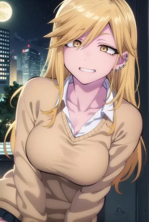 serikikyou, <lora:seri kikyou s1-lora-nochekaiser:1>,
seri kikyou, long hair, blonde hair, hair between eyes, (yellow eyes:1.3), grin,
BREAK skirt, shirt, long sleeves, jewelry, school uniform, white shirt, pleated skirt, earrings, collared shirt, black skirt, sweater, piercing, ear piercing, gyaru, brown sweater,
BREAK outdoors, city, night sky, night, moon, star \(sky\),
BREAK looking at viewer,
BREAK <lyco:GoodHands-beta2:1>, (masterpiece:1.2), best quality, high resolution, unity 8k wallpaper, (illustration:0.8), (beautiful detailed eyes:1.6), extremely detailed face, perfect lighting, extremely detailed CG, (perfect hands, perfect anatomy),