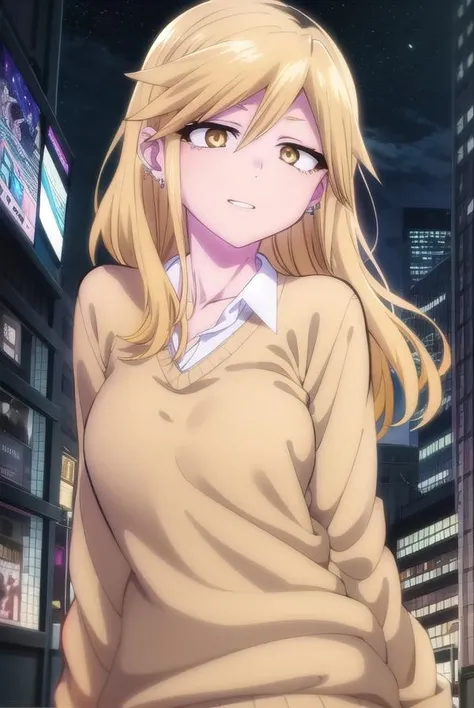 serikikyou, <lora:seri kikyou s1-lora-nochekaiser:1>,
seri kikyou, long hair, blonde hair, hair between eyes, (yellow eyes:1.3), grin,
BREAK skirt, shirt, long sleeves, jewelry, school uniform, white shirt, pleated skirt, earrings, collared shirt, black skirt, sweater, piercing, ear piercing, gyaru, brown sweater,
BREAK outdoors, city, night sky, night, moon, star \(sky\),
BREAK looking at viewer,
BREAK <lyco:GoodHands-beta2:1>, (masterpiece:1.2), best quality, high resolution, unity 8k wallpaper, (illustration:0.8), (beautiful detailed eyes:1.6), extremely detailed face, perfect lighting, extremely detailed CG, (perfect hands, perfect anatomy),