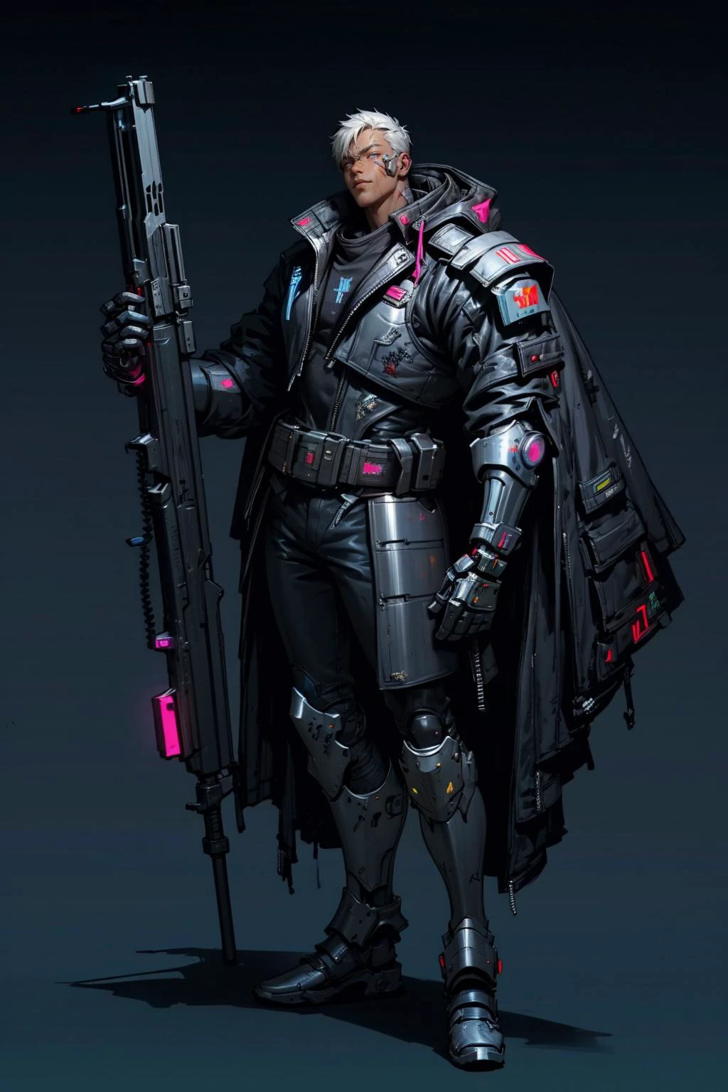 HEZI,(Cyberpunk:1.5),(Character design:1.2),science fiction,game characters, 1boy, hammer, male focus, solo, armor, power armor, holding hammer, holding, electricity, glowing, helmet, full body, weapon, scar, gauntlets, blue eyes, black background, scar on face, looking at viewer, official alternate costume, standing, simple background, dark skin, full armor, glowing eyes, screw, muscular, dark-skinned male, breastplate, holding weapon, muscular male, tube, boots, shoulder armor, armored boots, scar across eye, mature male, bodysuit, robot, leg armor, short hair, grey background, bara, open hand, spacesuit,<lora:èµå:0.7>,