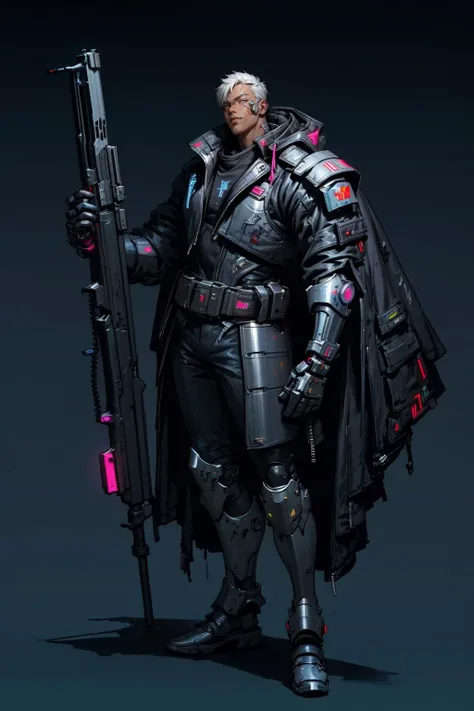 HEZI,(Cyberpunk:1.5),(Character design:1.2),science fiction,game characters, 1boy, hammer, male focus, solo, armor, power armor, holding hammer, holding, electricity, glowing, helmet, full body, weapon, scar, gauntlets, blue eyes, black background, scar on face, looking at viewer, official alternate costume, standing, simple background, dark skin, full armor, glowing eyes, screw, muscular, dark-skinned male, breastplate, holding weapon, muscular male, tube, boots, shoulder armor, armored boots, scar across eye, mature male, bodysuit, robot, leg armor, short hair, grey background, bara, open hand, spacesuit,<lora:èµå:0.7>,