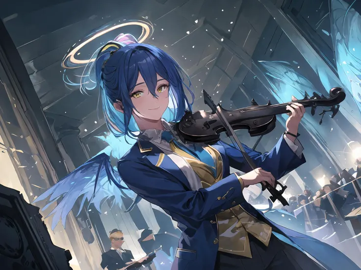 masterpiece,best quality,highres,cinematic lighting,dramatic angle,1girl,blue hair,single ponytail,wings,halo,yellow eyes,<lora:ShadowverseIsrafilV1-000022:1:lbw=isrfl>,formal suit,necktie,white shirt,black suit,at concert hall,closed eyes,playing violin,smile,classic,upper body,sunglasses,