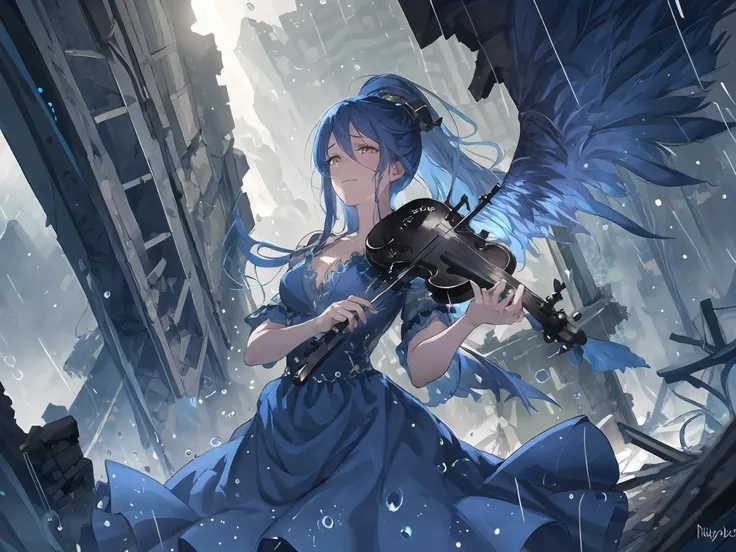 masterpiece,best quality,highres,cinematic lighting,dramatic angle,1girl,blue hair,single ponytail,very long hair,cleavage,blue dress,<lora:ShadowverseIsrafilV1-000022:1:lbw=1,0.5,0.5,1,1,0.1,0.1,1,0.1,1,0.86,0.1,0.5,1,1,0.25,1>,looking down,sad,yellow eyes,halo,wings,short sleeves,holding violin,playing violin,heavy rain,half-closed eyes,tears,crying,(heavy rain:1.3),monochrome,in ruins,fallen buildings,