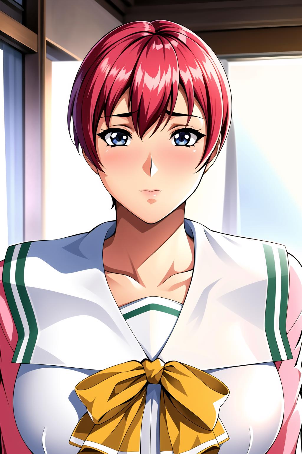Anime girl with red hair and a white shirt and a yellow bow - SeaArt AI