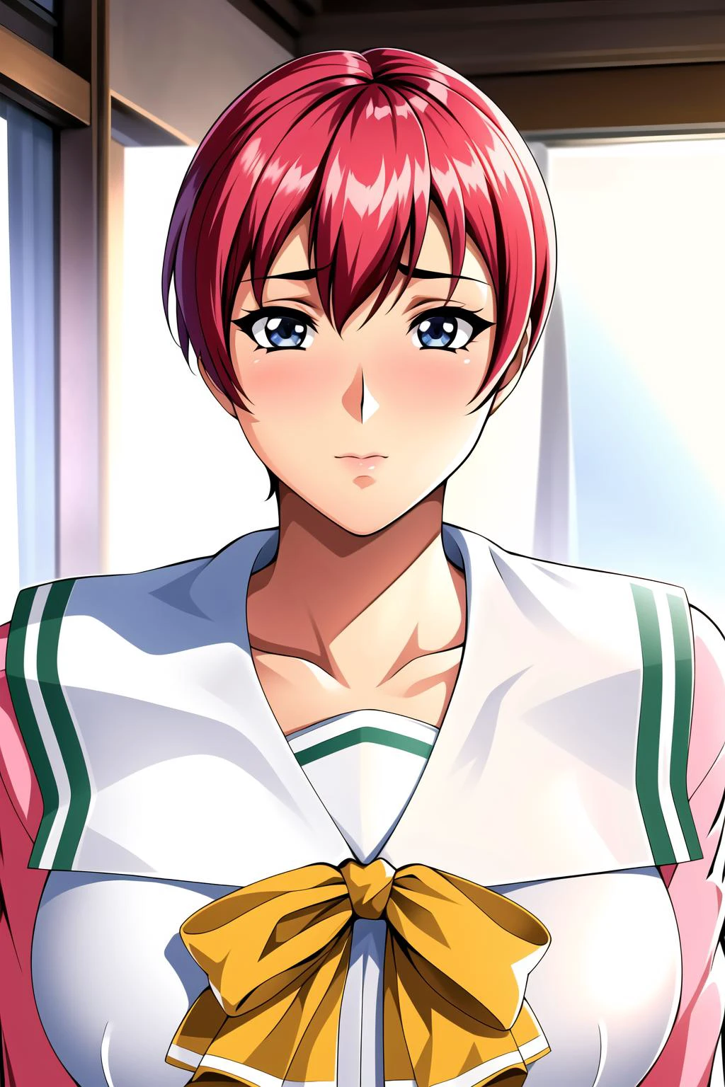 Simple White Background,
dynamic pose,standing at attention,
(pink_jacket:1.1),(Green_pleated_skirt),(Green_sailor_collar), school_uniform, serafuku,long_sleeves,Yellow_bowtie,
<lora:Asami_Kurihara-V1:0.7>,
Red hair,very Short hair,BLue eyes,Bangs,
<lora:Oda_Non_Style-KK77-V2:0.3>,<lora:more_details:0.1>,<lora:Shuusaku_KKSTYLE-KK77-V1:0.3>,
1 girl, 20yo,Young female,Beautiful long legs,Beautiful body,
Beautiful Nose,Beautiful character design, perfect eyes, perfect face,expressive eyes,perfect balance,
looking at viewer,(Focus on her face),closed mouth, (innocent_big_eyes:1.0),(Light_Smile:0.3),
official art,extremely detailed CG unity 8k wallpaper, perfect lighting,Colorful, Bright_Front_face_Lighting,White skin,
(masterpiece:1.0),(best_quality:1.0), ultra high res,4K,ultra-detailed,
photography, 8K, HDR, highres, absurdres:1.2, Kodak portra 400, film grain, blurry background, bokeh:1.2, lens flare, (vibrant_color:1.2),professional photograph,
(Beautiful,large_Breasts:1.4), (beautiful_face:1.5),(narrow_waist),