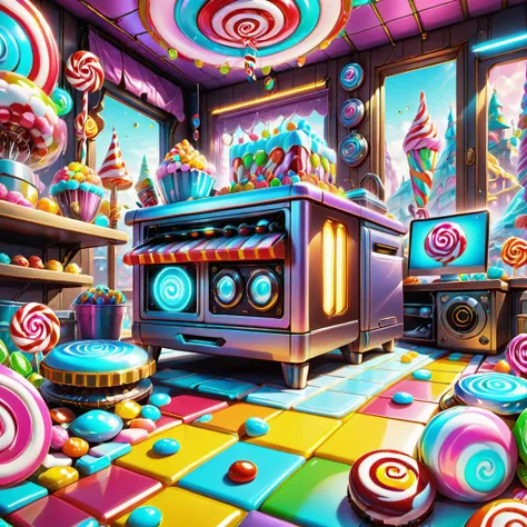((best quality)), ((masterpiece)), ((realistic,digital art)), (hyper detailed),Candy Land Cluttered Hacker's Hideout, Enchanted Amulet,Dishwasher,Drawer Organizers,Laptop/Computer,Exquisite Fabrics, Luxury Vinyl Tiles, Bioluminescent Organisms, Footlighting, cyberpunk, sci-fi, octane rendering, raytracing, volumetric lighting, Backlit,Rim Lighting, 8K, HDR <lora:Candy_land_2:0.6>