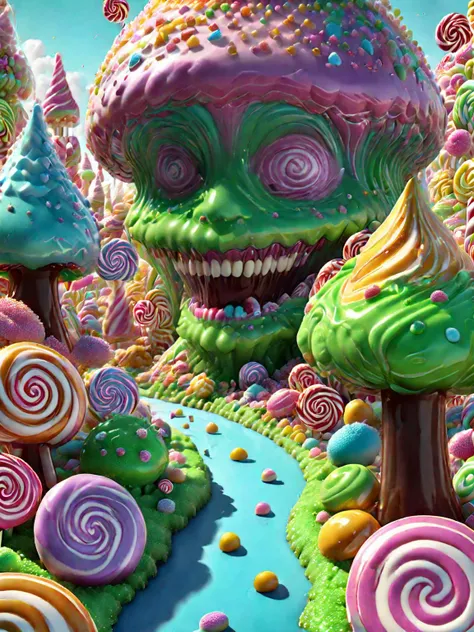 Horror-themed candy land, A slime monster made of candy, 8k octane render, high detail, masterpiece, hyperdetailed, intricate details, <lora:Candy_land_2:1> . Eerie, unsettling, dark, spooky, suspenseful, grim, highly detailed