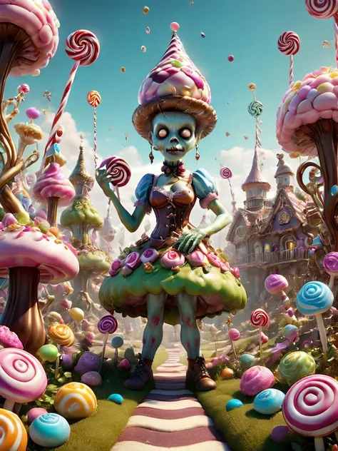 award winning photograph of a cute zombie with twisted limbs in wonderland, magical, whimsical, fantasy art concept, steampunk, intricate details, best quality, masterpiece, ultra sharp, hyper realistic, realism, <lora:Candy_land_2:0.8> Candy, Land, Candy Land