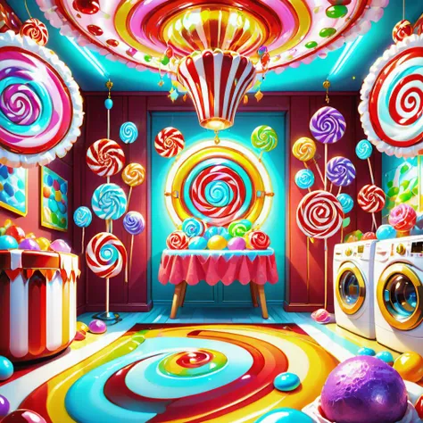 ((best quality)), ((masterpiece)), ((realistic,digital art)), (hyper detailed),Candy Land Laundry Room, Smartphone, Tapestry with Gauze Overlay tapestry, Bioluminescent Organisms, Chandeliers, octane rendering, raytracing, volumetric lighting, Backlit,Rim Lighting, 8K, HDR <lora:Candy_land_2:0.6>