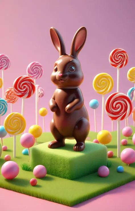 3d isometric, blender render, soft colorful-hued colors, a tiny and cute chocolate easter bunny candy standing on a patch of lollipops grass, <lora:Candy_land_2:0.4>, Two tone lighting, simple colorful background