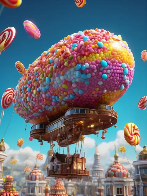 candy, A Kirov blimp made of candy flies through the air, high contrast, 8k octane render, high detail, masterpiece, hyperdetailed, intricate details, <lora:EMS-62765-EMS:0.6>