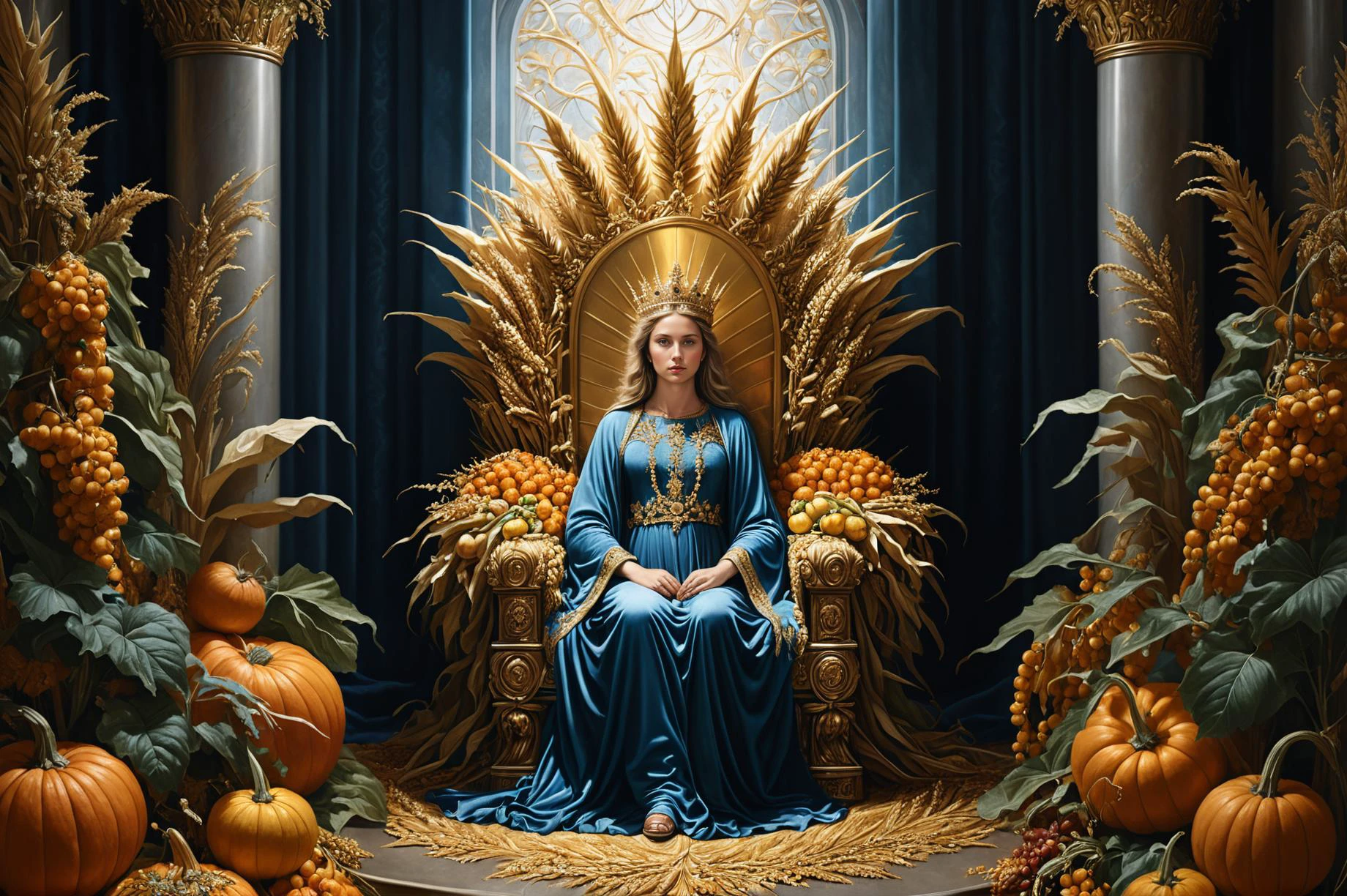 photorealistic digital illustration, superrealism, The god of Harvest and Fertility sitting on her throne in an opulent throne room, <lora:xl_more_art-full_v1:0.4>, <lora:EnvyBorealXL01:0.7>