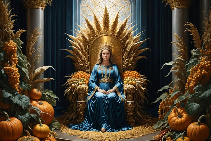 photorealistic digital illustration, superrealism, The god of Harvest and Fertility sitting on her throne in an opulent throne room,  <lora:xl_more_art-full_v1:0.4>, <lora:EnvyBorealXL01:0.7>